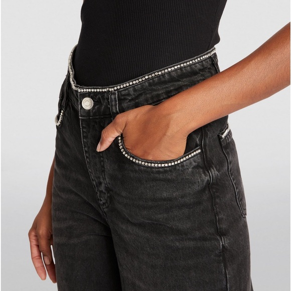 NWT Maje “Diamond” Black Wide Leg Jeans w Rhinestone Trim—missing rhinestones - Picture 1 of 16